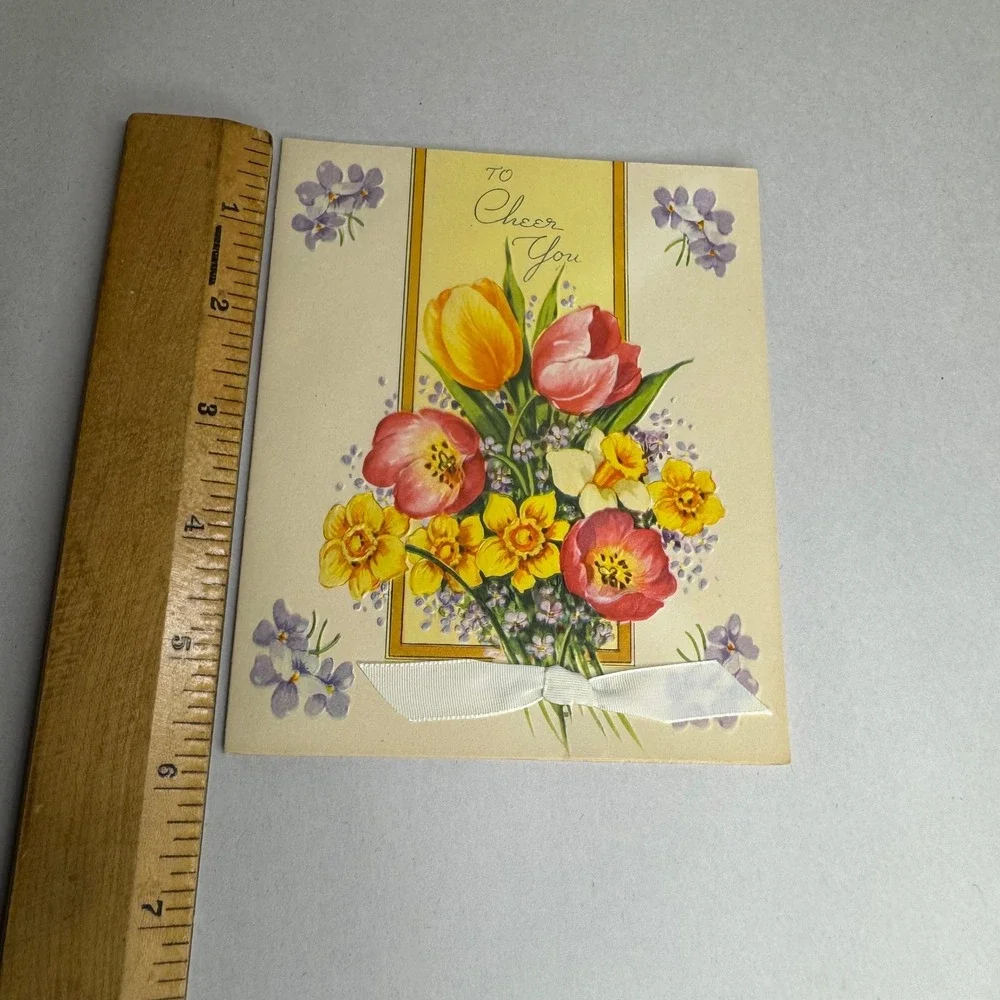 Vintage Get Well Card To Cheer You Floral Tulips Daffodils Embossed Ribbon